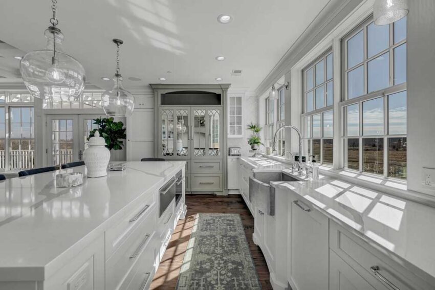 white kitchen grey accents
