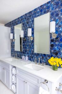 light grey bathroom cabinets and vanity with silver fixtures, blue star patterned bathroom wall tile