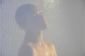 blue shower tile, steam shower