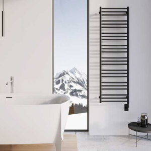black hanging towel warmer, white bathtub with silver tubfiller