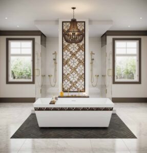 glass mosaic brown and white accent wall bathroom tile