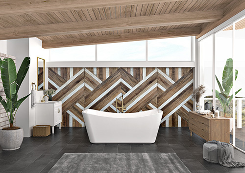 white bathtub, gray floor tiles, wooden paneled walls