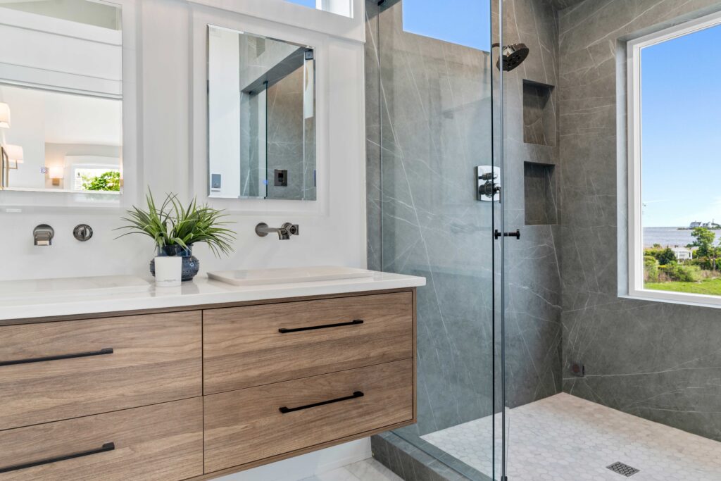 wood vanity glass shower