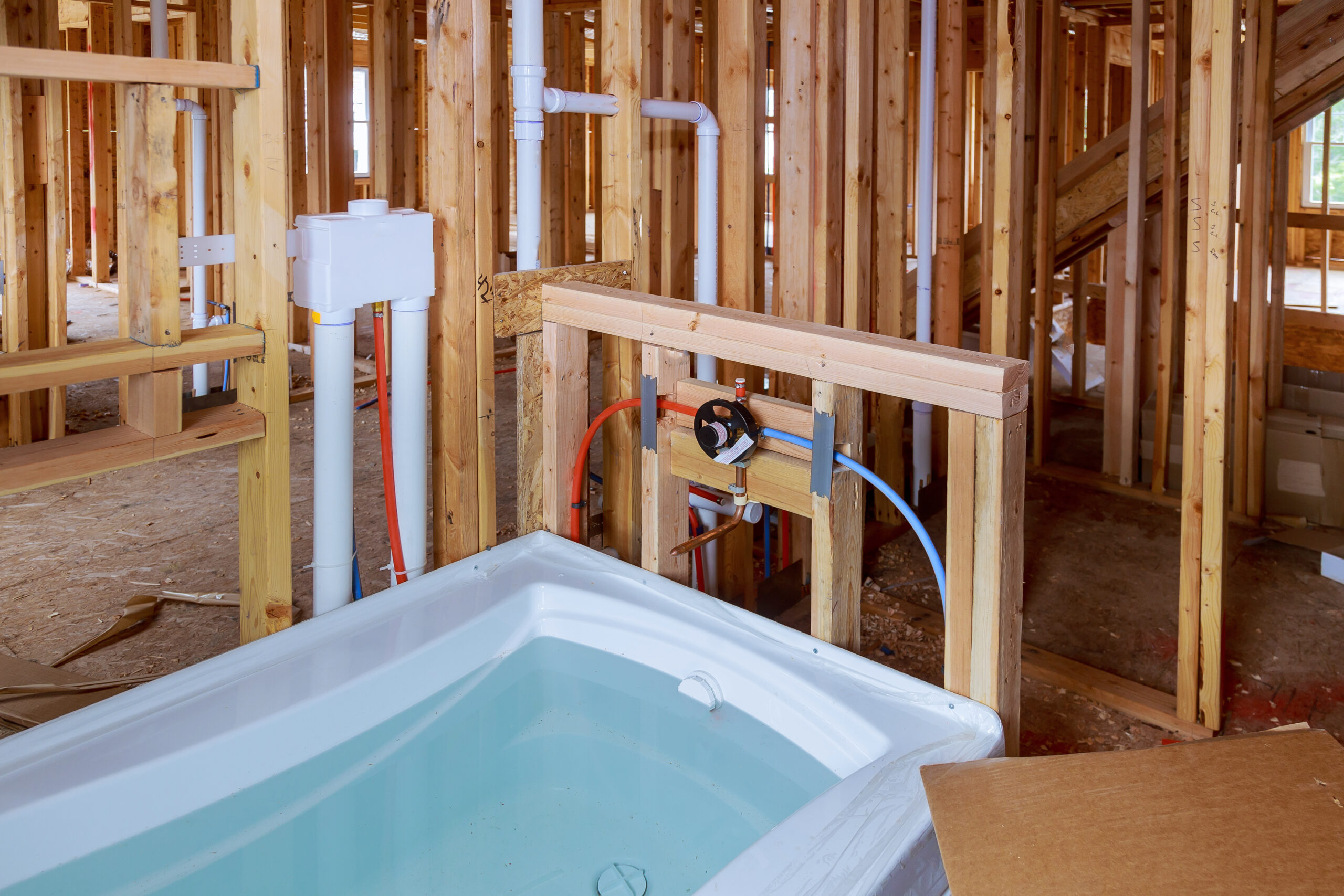 bathroom plumbing, framing, bathtub