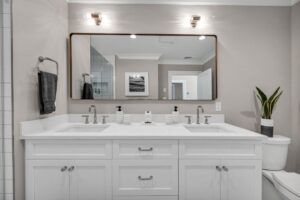 white vanity with silver accents