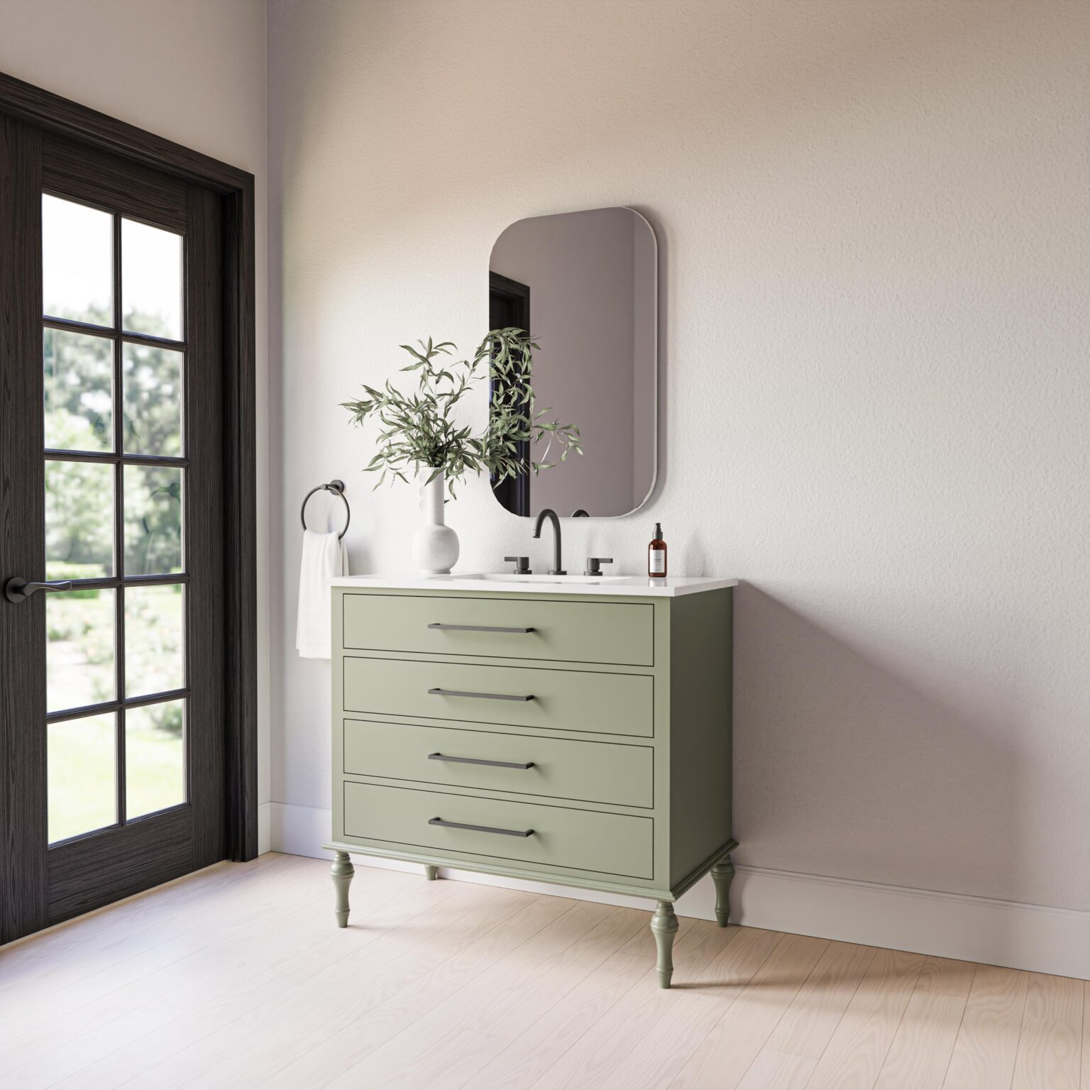 mint green vanity, mirror, white wall