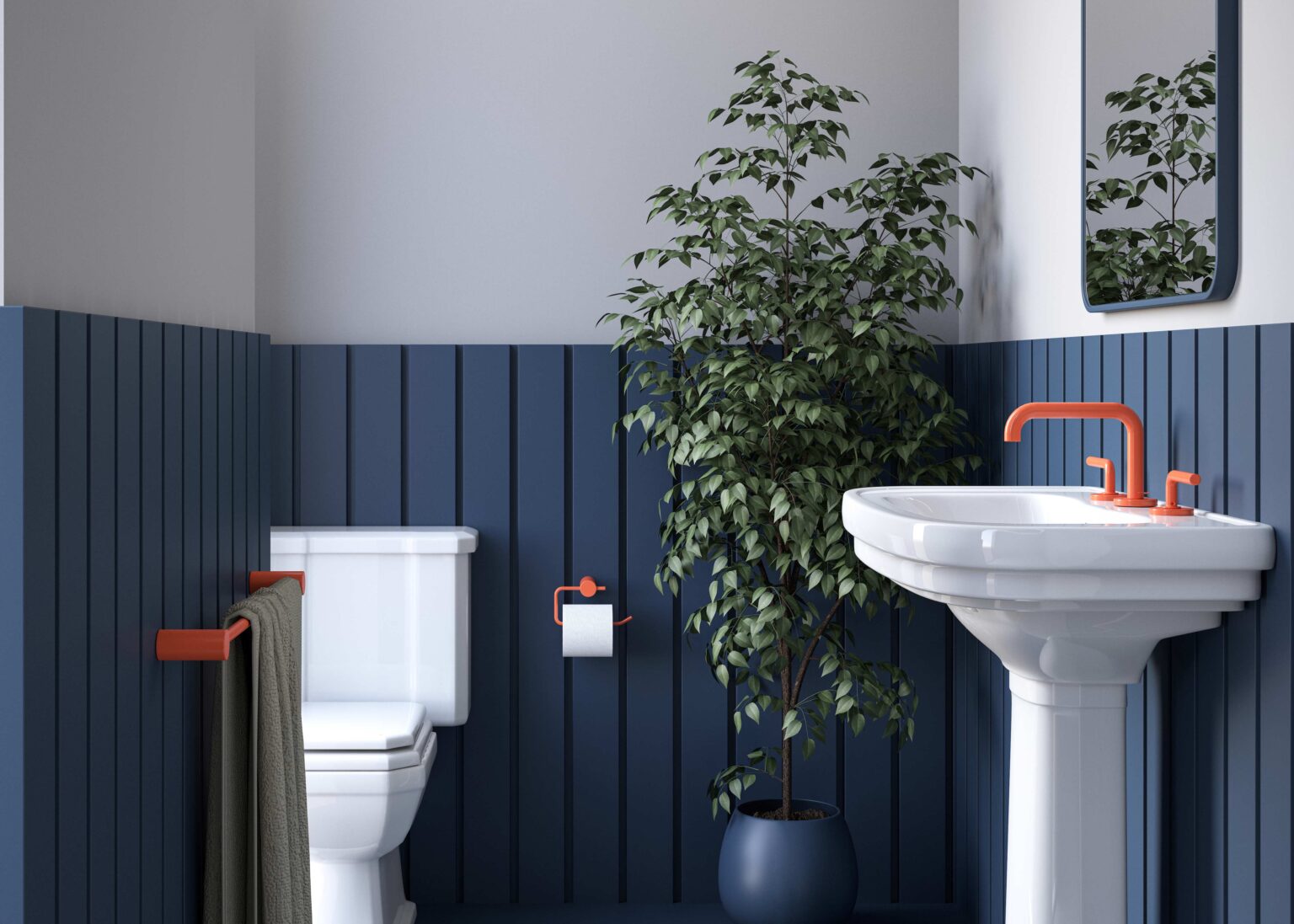 blue wood panel wall, white toilet, white sink, gold faucet