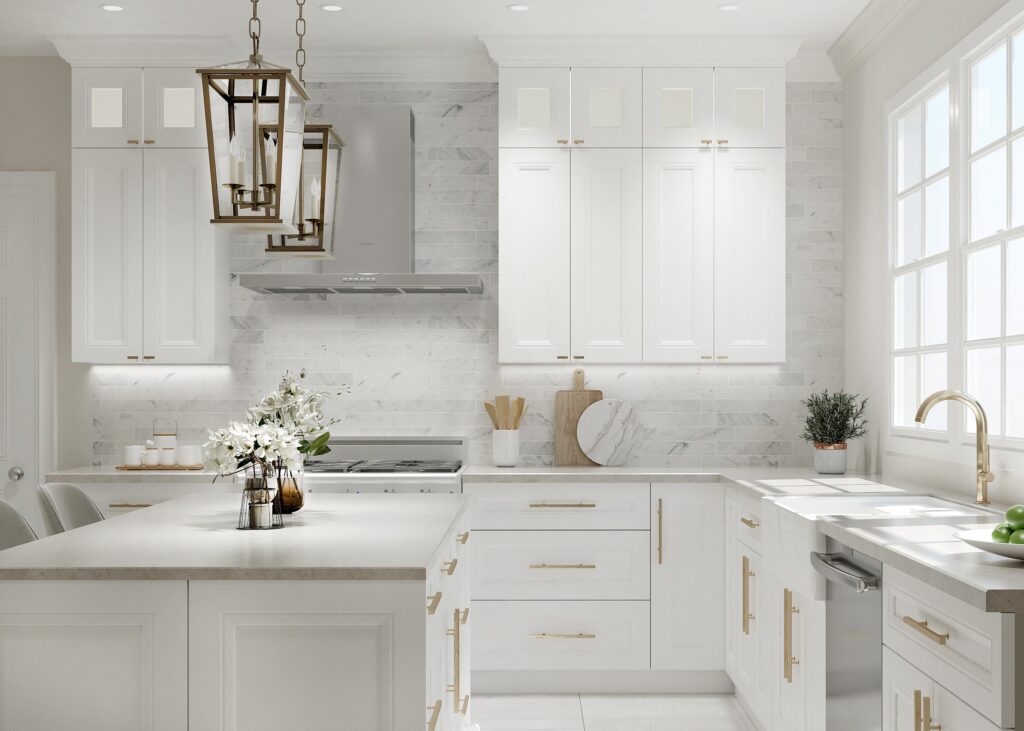 white kitchen cabinets marble backsplash