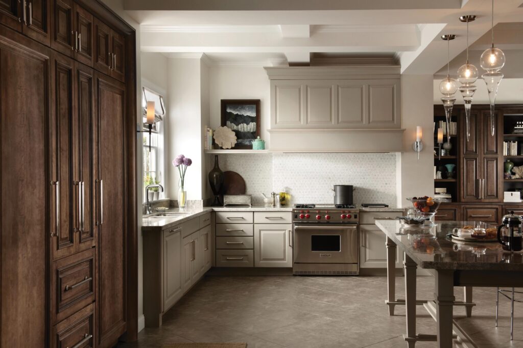 white and dark wood kitchen cabinets