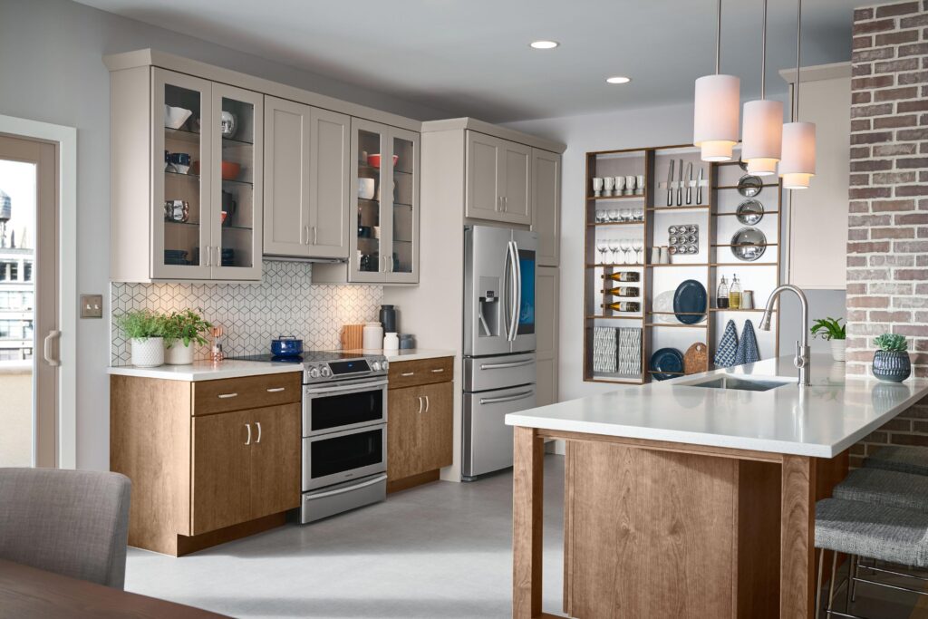 light wood cabinets in a white kitchen