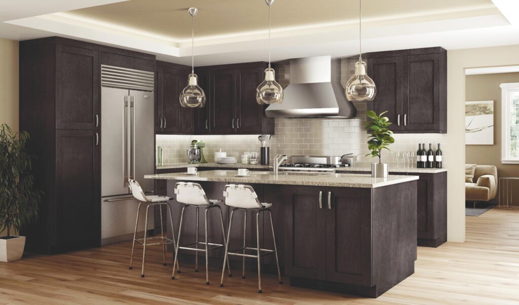 dark wood kitchen with silver fridge and stools