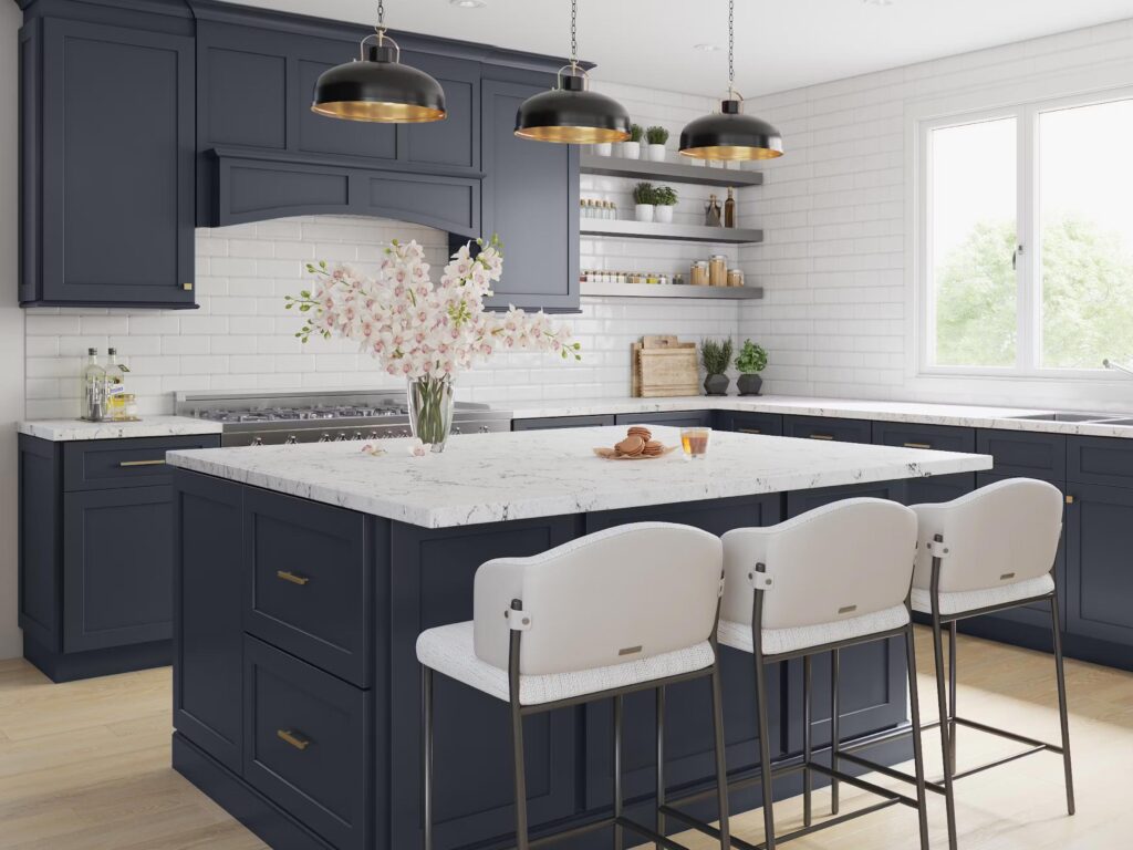 dark blue kitchen cabinets, flowers, white chairs