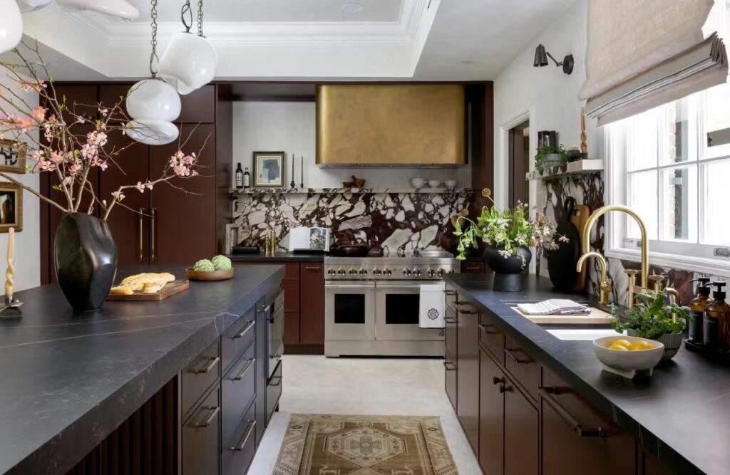 Dark brown kitchen cabinets, plants