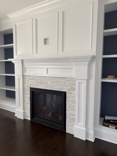 fireplace with cream tile