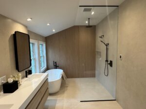 modern bathroom with wood and black accents
