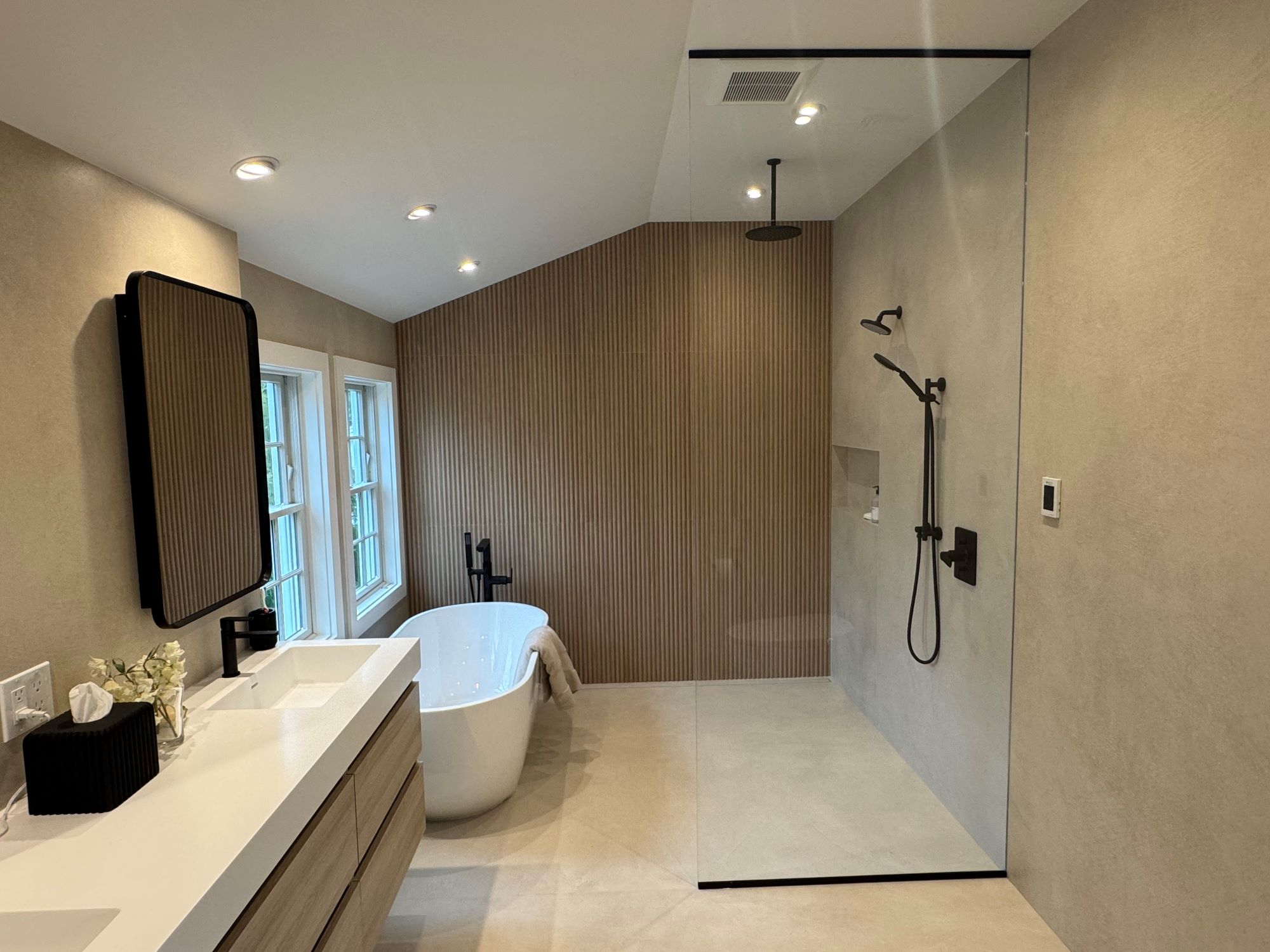 modern bathroom with wood and black accents