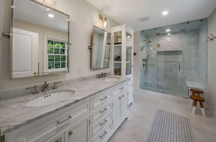 white and blue bathroom