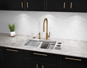 sink work station with brushed bronze faucet