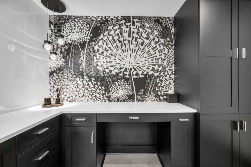 black and white bathroom makeup vanity