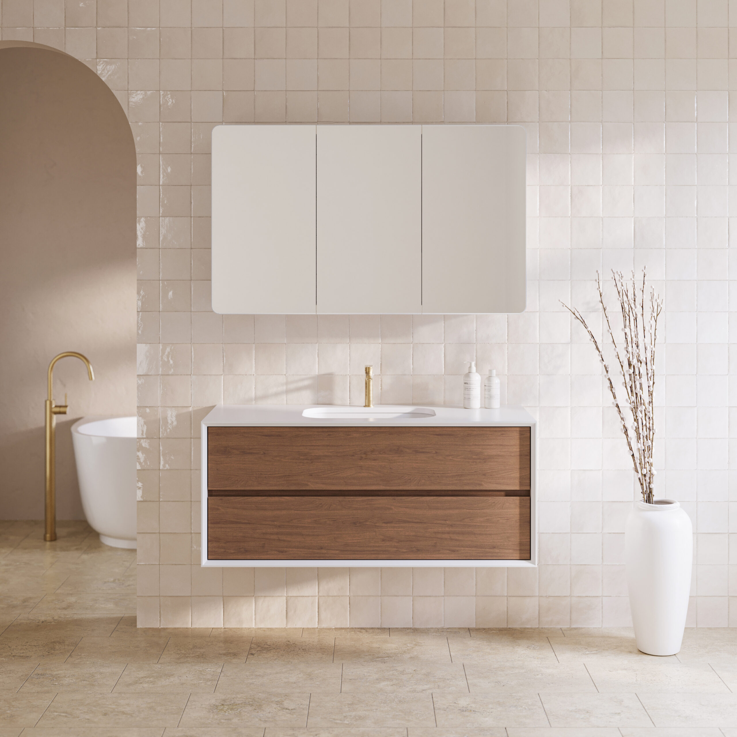 wood floating vanity with white accents
