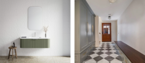 green wall hung vanity and grey and white checkered floor tile