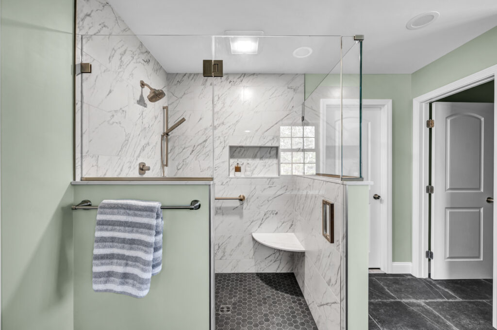 grey and white walk in shower