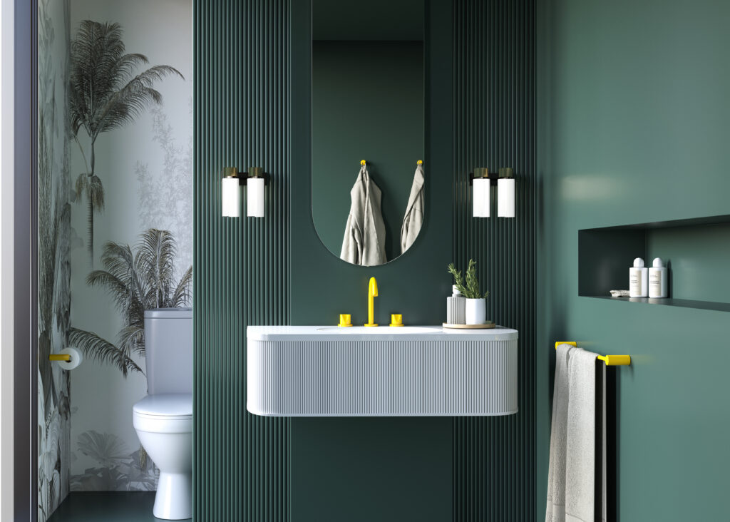 large white bathroom sink with gold fixtures