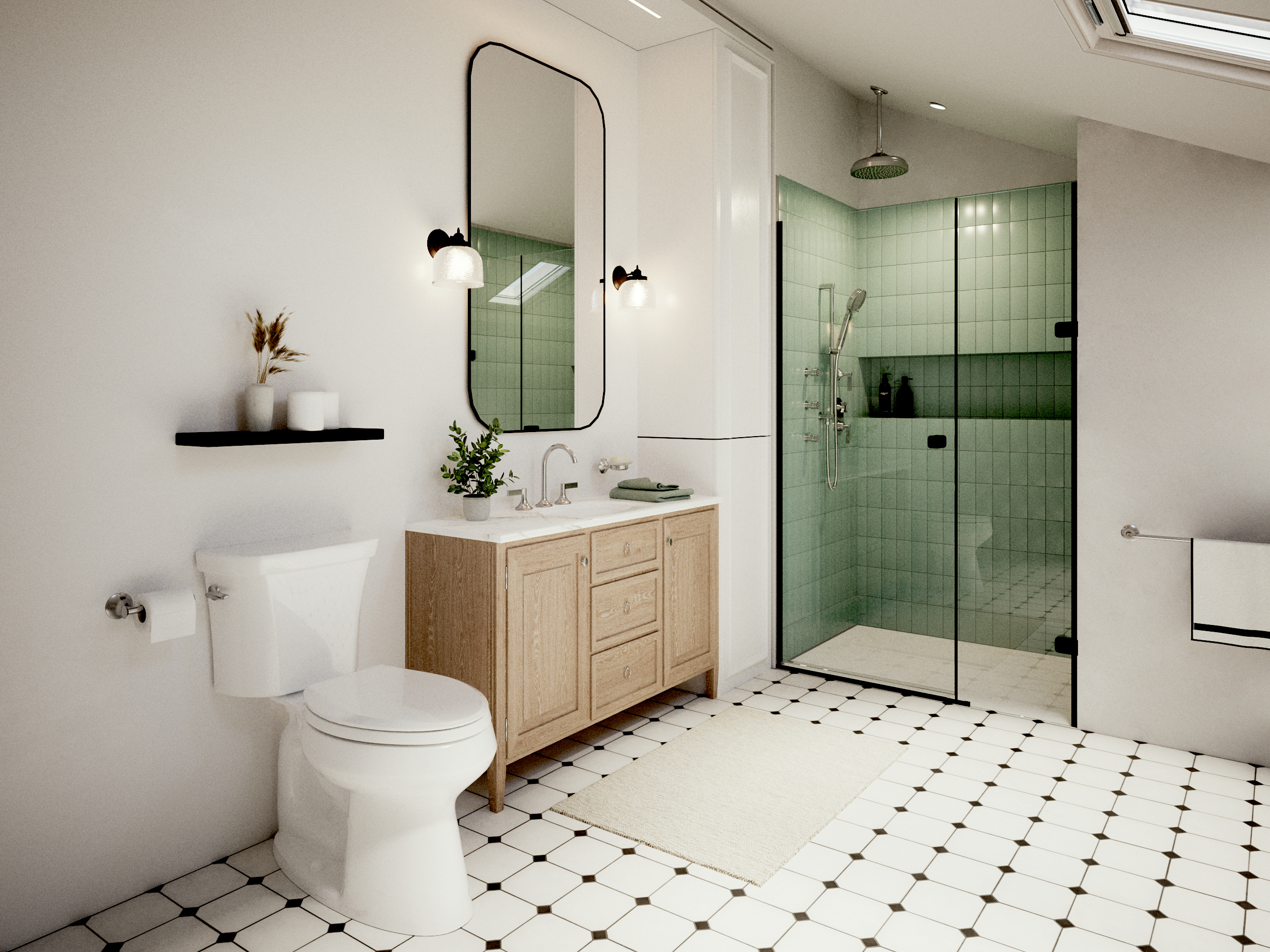 white and green bathroom with white oak wood vanity