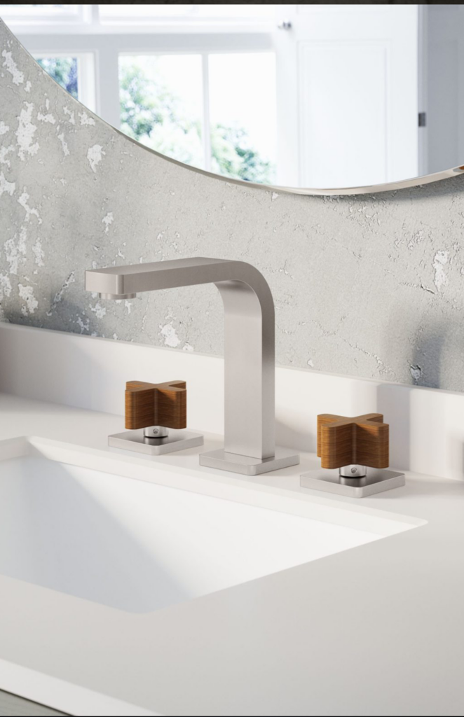 modern silver bathroom faucet with stone handles