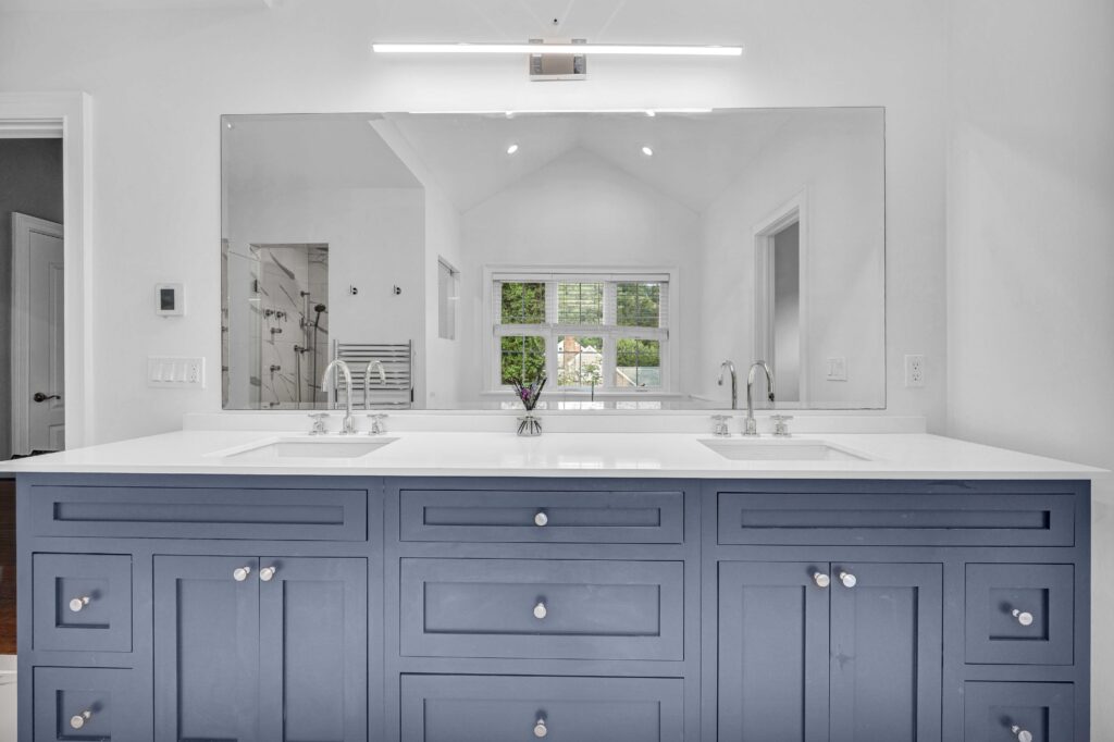 blue bathroom vanity with double sinks