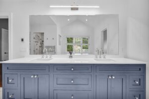 blue bathroom vanity with double sinks